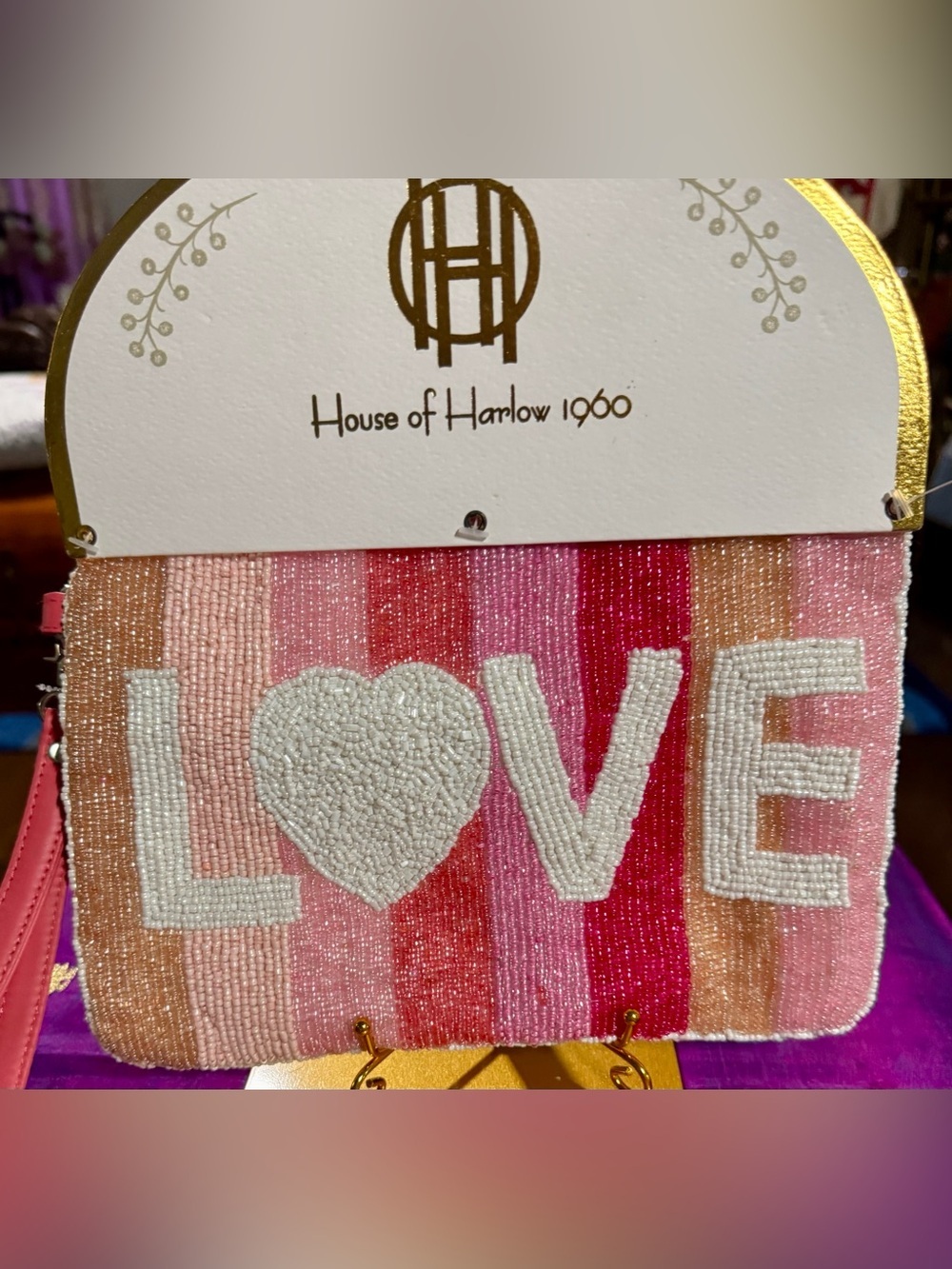 NWT House of Harlow 1960 Beaded Love Heart Wristlet Clutch Bag
